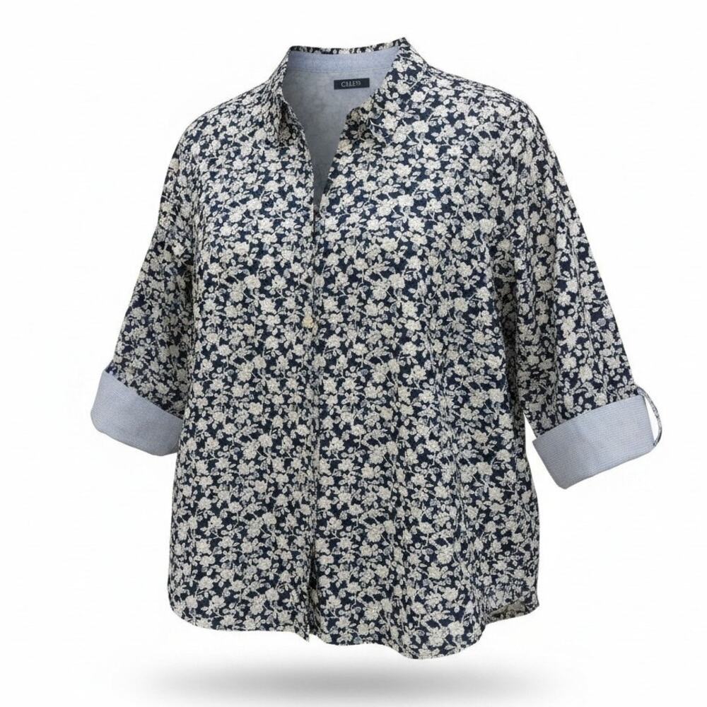 Chaps Womens Blue Floral Blouse 3/4 Roll up Sleeve 100% Cotton No Iron Size 2XL